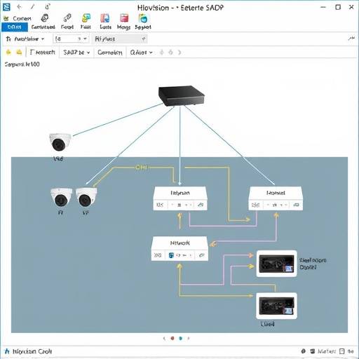 A diagram illustrating a network of Hikvision security devices managed by the SADP tool.